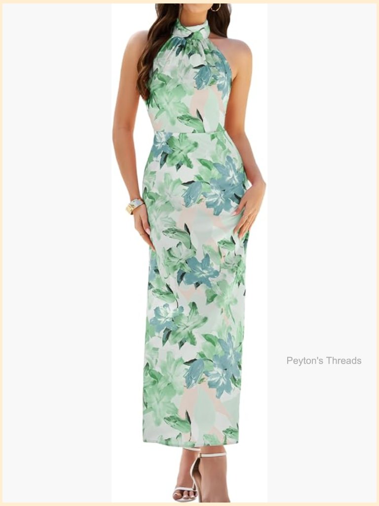 Elegant Floral Long Dress, Halter Backless Flowy